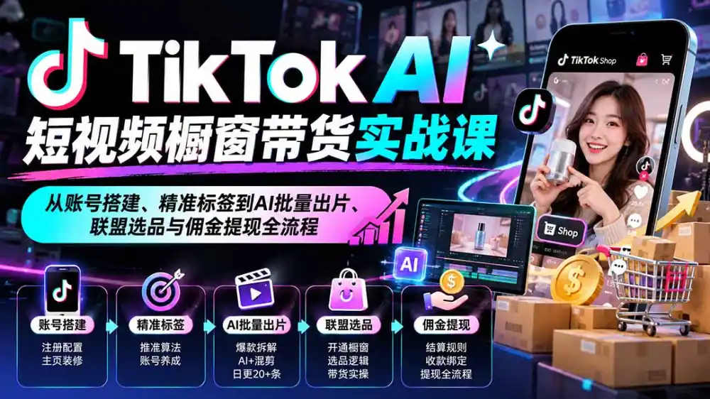 TikTok AI短视频橱窗带货实战课：从账号搭建、精准标签到AI批量出片、联盟选品与佣金提现全流程-云途创业网