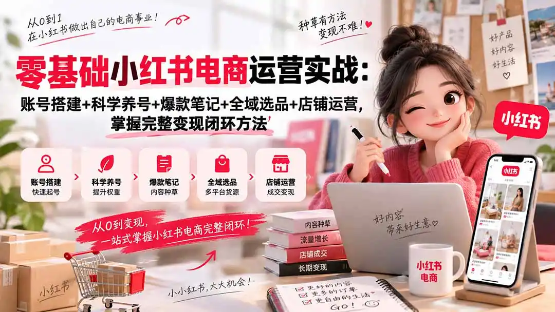 零基础小红书电商运营实战：账号搭建+科学养号+爆款笔记+全域选品+店铺运营，掌握完整变现闭环方法-云途创业网
