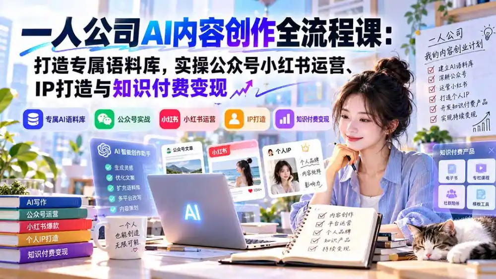 一人公司AI内容创作全流程课：打造专属语料库，实操公众号小红书运营、IP打造与知识付费变现方法论-云途创业网