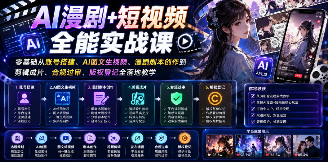 AI漫剧+短视频全能实战课｜零基础从账号搭建、AI图文生视频、漫剧剧本创作到剪辑成片、合规过审、版权登记全落地教学-云途创业网