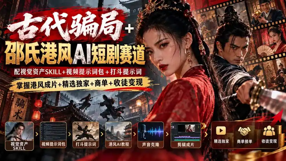 古代骗局+邵氏港风AI短剧赛道：配视觉资产SKILL+视频提示词包+打斗提示词，掌握港风成片+精选独家+商单+收徒变现-云途创业网