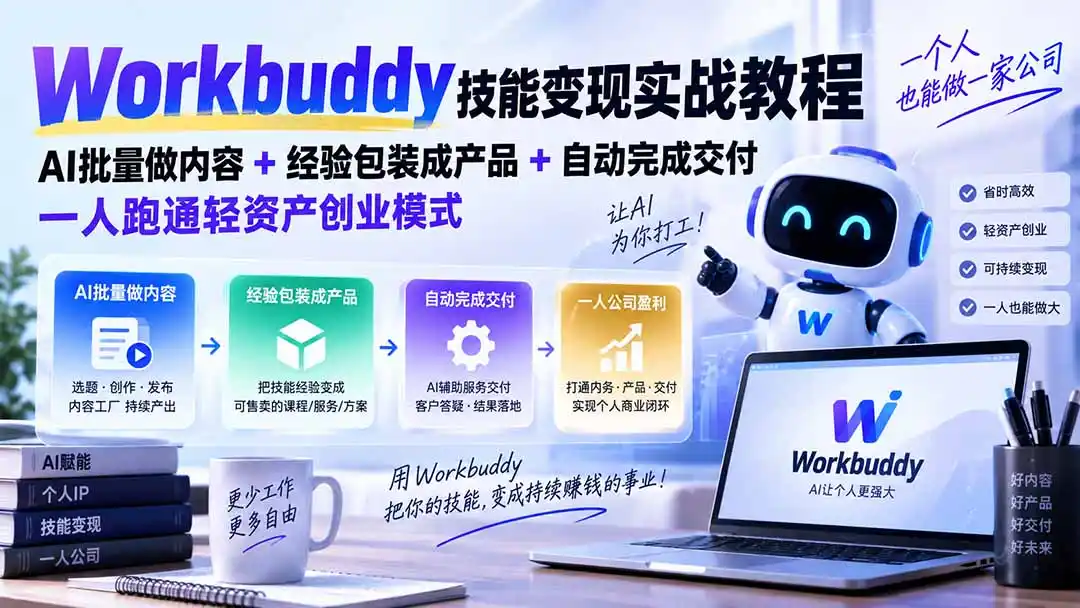 Workbuddy技能变现实战教程：AI批量做内容+经验包装成产品+自动完成交付，一人跑通轻资产创业模式-云途创业网