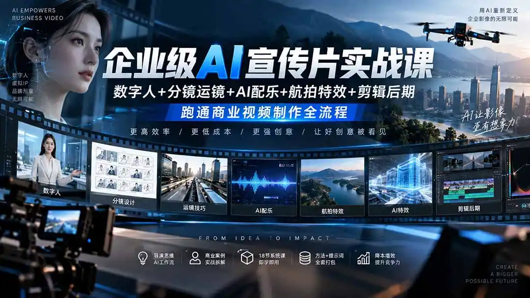 企业级AI宣传片实战课｜数字人+分镜运镜+AI配乐+航拍特效+剪辑后期，跑通商业视频制作全流程-云途创业网
