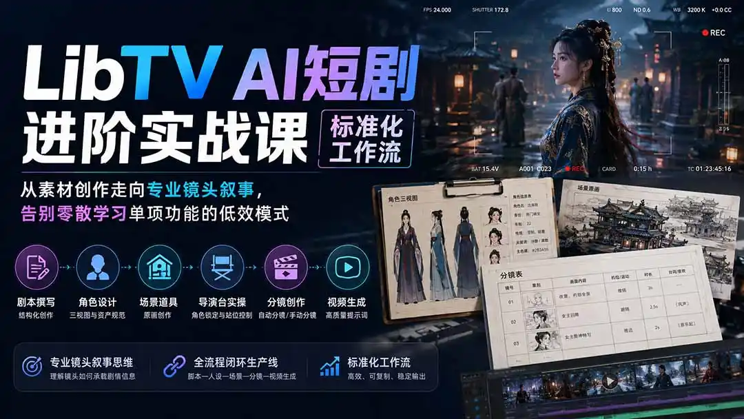 LibTV AI短剧进阶实操课标准化工作流;从素材创作走向专业镜头叙事,告别零散学习单项功能的低效模式-云途创业网