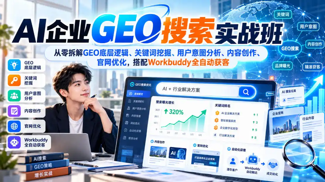 AI企业GEO搜索实战班，从零拆解GEO底层逻辑、关键词挖掘、用户意图分析、内容创作、官网优化，搭配Workbuddy全自动获客-云途创业网