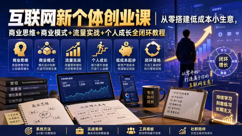 互联网新个体创业课｜从零搭建低成本小生意，商业思维+商业模式+流量实战+个人成长全闭环教程-云途创业网