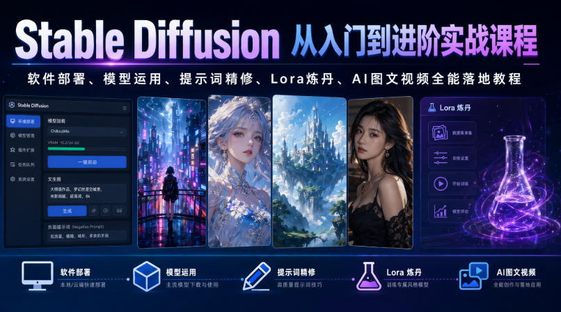 Stable Diffusion从入门到进阶实战课程|软件部署、模型运用、提示词精修、Lora炼丹、AI图文视频全能落地教程-云途创业网