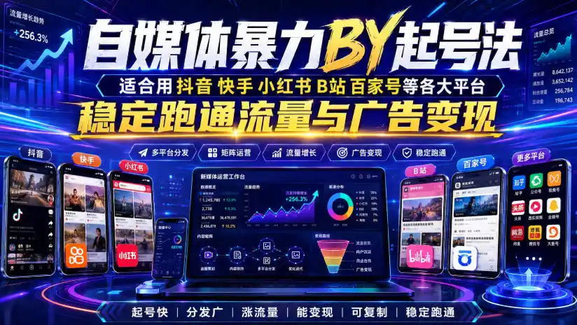 自媒体暴力搬运起号法，适合用抖音快手小红书B站百家号等各大平台，稳定跑通流量与广告变现-云途创业网