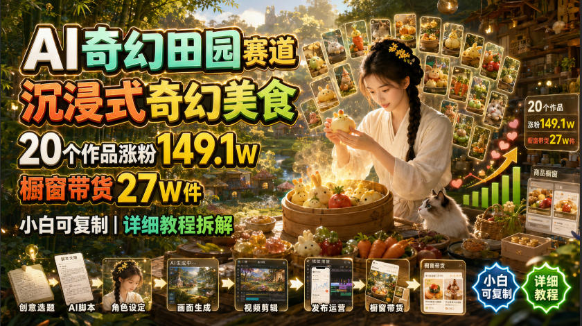AI奇幻田园赛道，沉浸式奇幻美食，20个作品涨粉149.1W，橱窗带货27W件，小白可复制，详细教程拆解-云途创业网