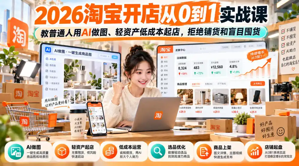 2026淘宝开店从0到1实战课，教普通人用AI做图、轻资产低成本起店，拒绝铺货和盲目囤货-云途创业网