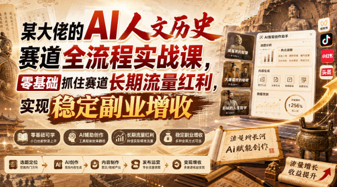 某大佬的AI人文历史赛道全流程实战课，零基础抓住赛道长期流量红利，实现稳定副业增收-云途创业网