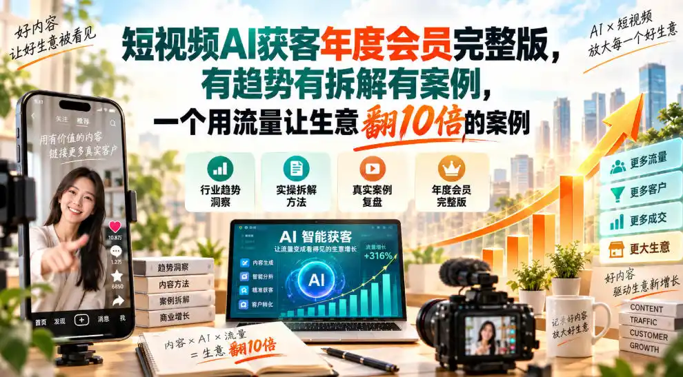 短视频AI获客年度会员完整版，有趋势有拆解有案例，一个用流量让生意翻10倍的案例-云途创业网