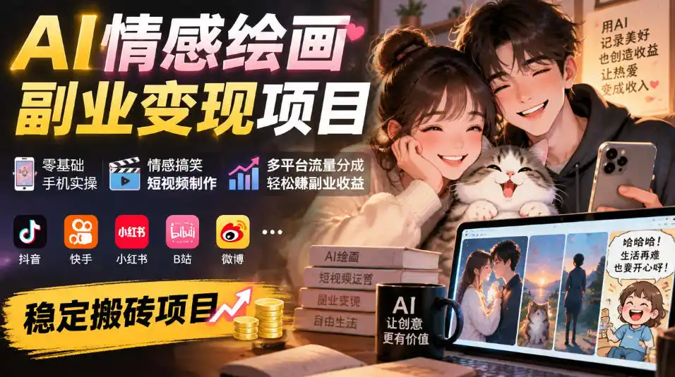 AI情感绘画副业变现项目｜零基础手机实操，情感搞笑短视频制作，多平台流量分成轻松賺副业收益-云途创业网