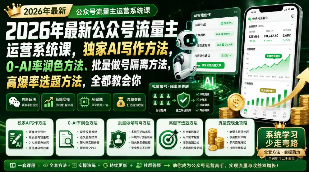 2026年最新公众号流量主运营系统课，独家AI写作方法，0-AI率润色方法、批量做号隔离方法、高爆率选题方法，全都教会你(更新1009)-云途创业网