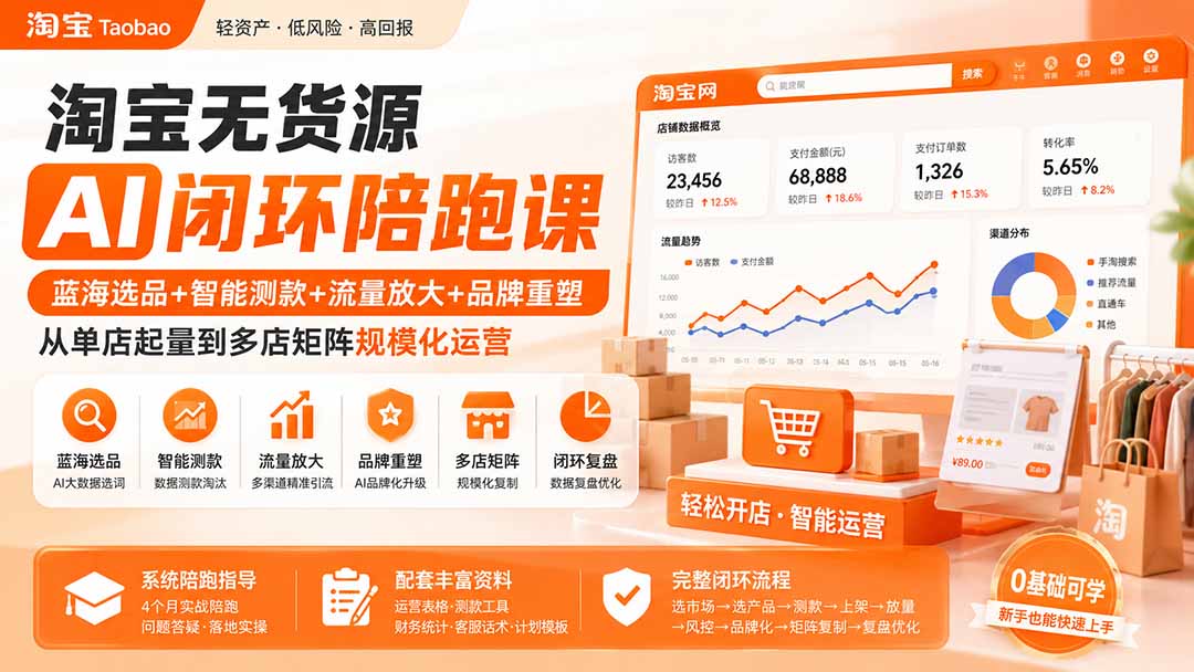 淘宝无货源AI闭环陪跑课：蓝海选品+智能测款+流量放大+品牌重塑，从单店起量到多店矩阵规模化运营-云途创业网