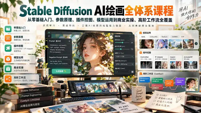 【无水印】Stable Diffusion AI绘画全体系课程，从零基础入门、参数原理、插件控图、模型运用到商业实操、高阶工作流全覆盖-云途创业网