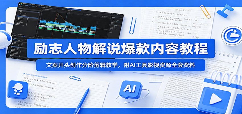 励志人物解说爆款内容教程：文案开头创作分阶剪辑教学，附AI 工具影视资源全套资料-云途创业网