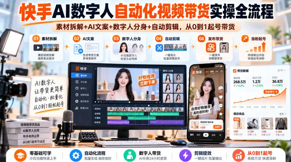 快手AI数字人自动化视频带货实操全流程｜素材拆解+AI文案+数字人分身+自动剪辑，从0到1起号带货(更新26年)-云途创业网