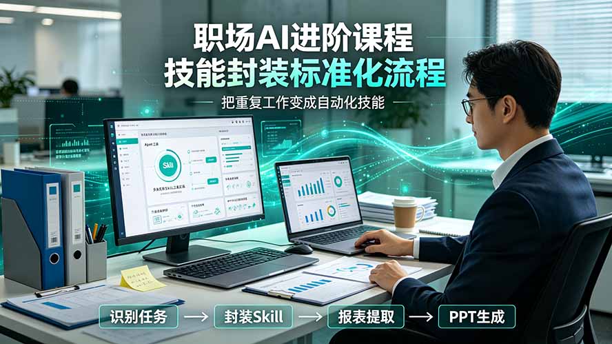 职场AI进阶课程;多类实用Skill工具实操,专属技能封装标准化流程,报表行业报告一键提取核心内容-云途创业网