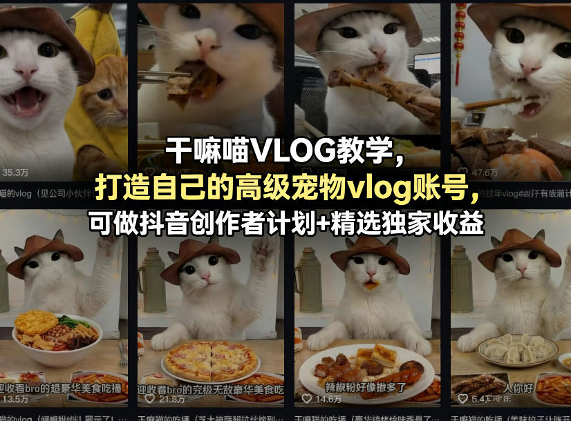 干嘛喵VLOG教学,打造自己的高级宠物vlog账号,可做抖音创作者计划+精选独家收益-云途创业网