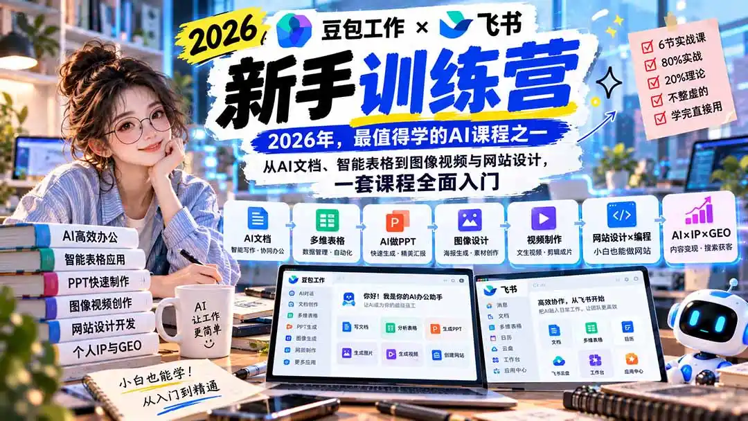 2026豆包工作+飞书新手训练营-9月新课：从AI文档、智能表格到图像视频与网站设计，一套课程全面入门-云途创业网