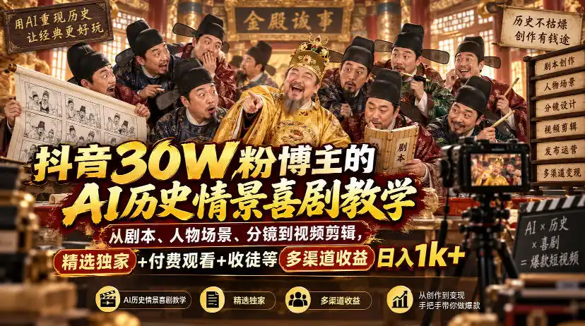 抖音30W粉博主的AI历史情景喜剧教学，从剧本、人物场景、分镜到视频剪辑，精选独家+付费观看+收徒等多渠道收益日入1k+-云途创业网