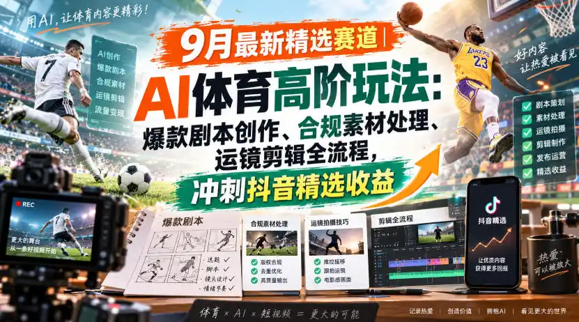 某大佬的9月最新精选赛道之AI体育顶级玩法，爆款剧本创作、版权规避、运镜剪辑全流程，稳拿抖音精选收益-云途创业网