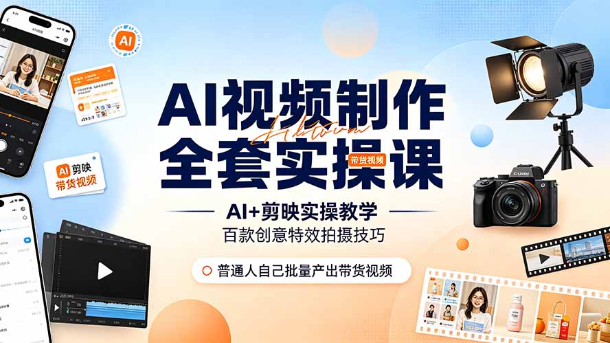 AI视频制作全套实操课，多款AI工具搭配剪映教学，百种特效运镜拍摄实操，抖音账号带货运营全覆盖-云途创业网