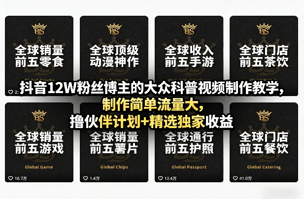 抖音12W粉丝博主的大众科普视频制作教学,制作简单流量大,撸伙伴计划+精选独家收益-云途创业网
