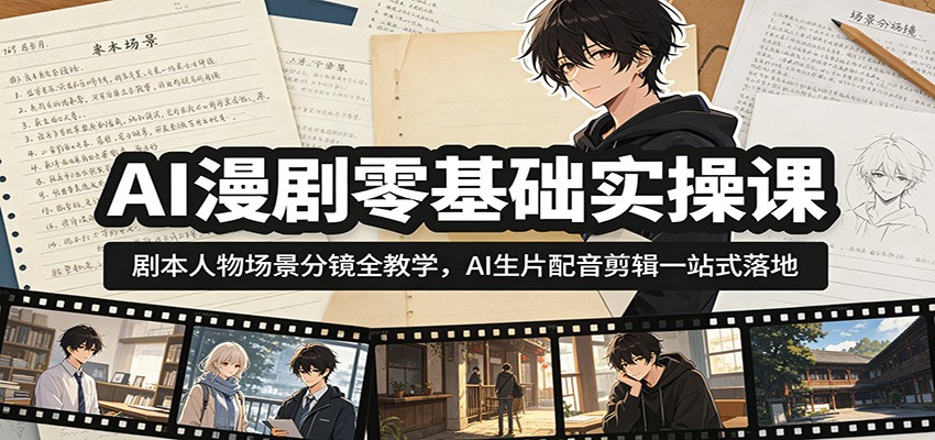 AI漫剧零基础实操课：剧本人物场景分镜全教学，AI生片配音剪辑一站式落地-云途创业网