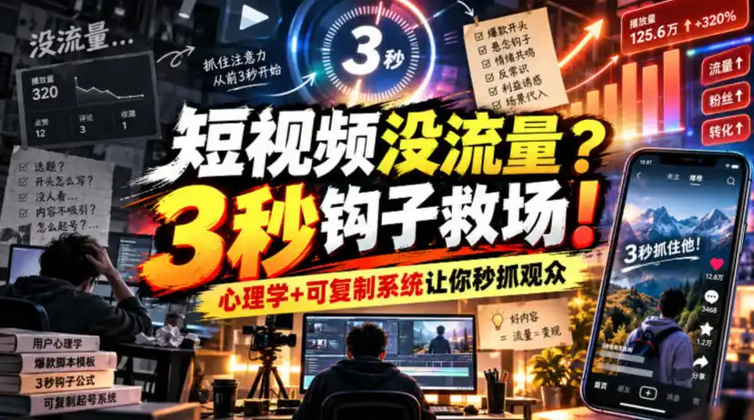 【无水印】短视频没流量？3秒钩子救场！心理学+可复制系统让你秒抓观众【原创双语字幕】-云途创业网