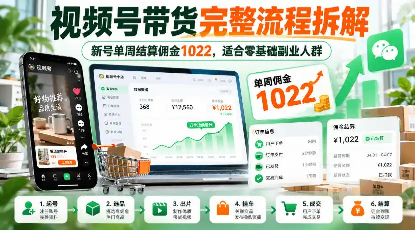 视频号带货完整流程拆解,新号单周结算佣金1022,适合零基础副业人群-云途创业网