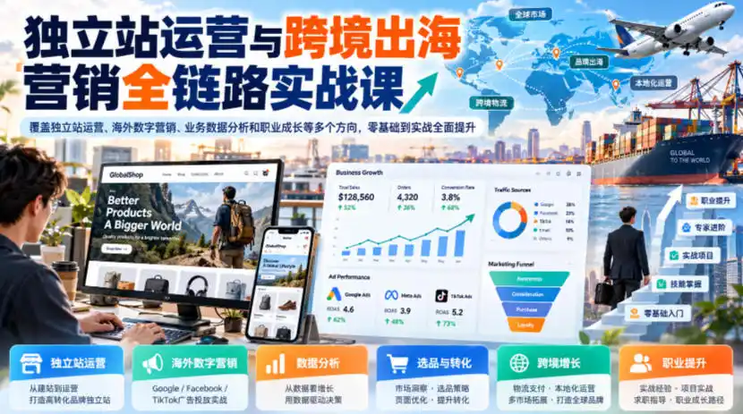独立站运营与跨境出海营销全链路实战课，覆盖独立站运营、海外数字营销、业务数据分析和职业成长等多个方向，零基础到实战全面提升-云途创业网