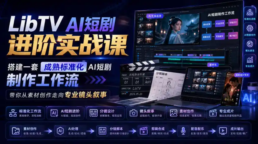 LibTV AI短剧进阶实战课，搭建一套成熟标准化AI短剧制作工作流，带你从素材创作走向专业镜头叙事-云途创业网