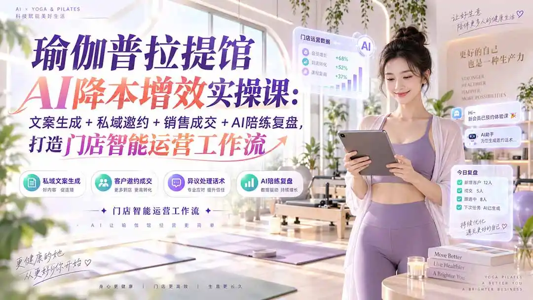 瑜伽普拉提馆AI降本增效实操课：文案生成+私域邀约+销售成交+AI陪练复盘，打造门店智能运营工作流-云途创业网