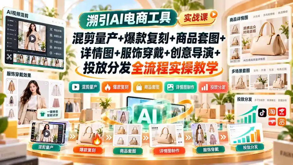 溯引AI电商工具实战课：混剪量产+爆款复刻+商品套图+详情图+服饰穿戴+创意导演+投放分发全流程实操教学-云途创业网