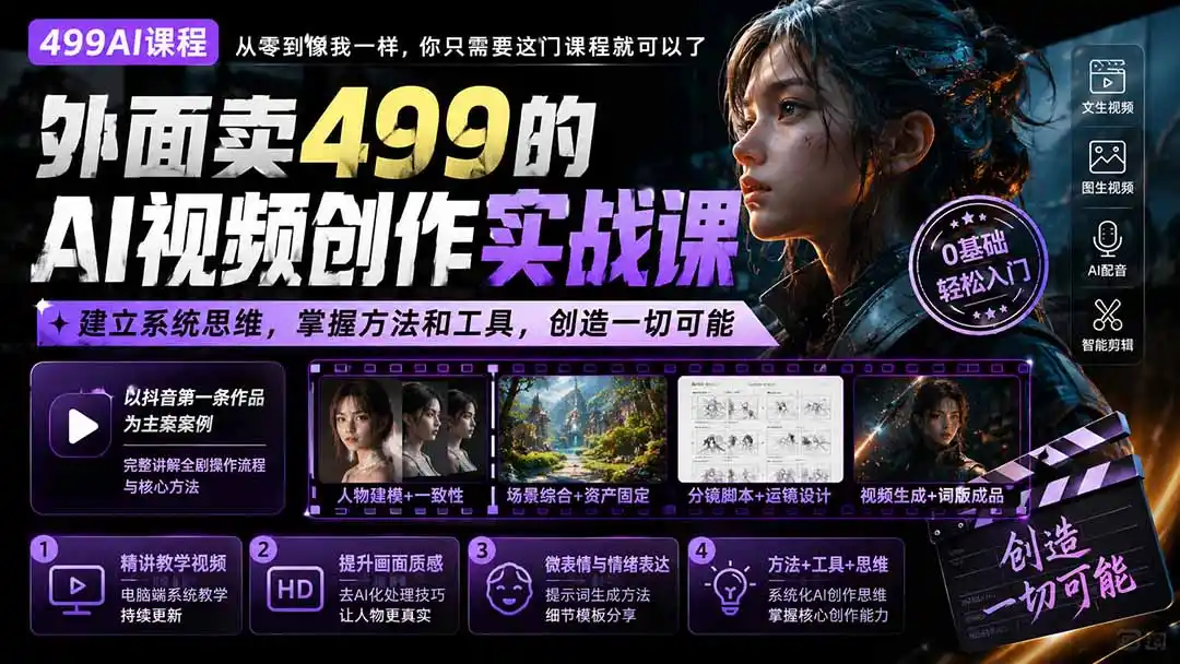 外面卖499的AI视频创作实战课：建立系统思维，掌握方法和工具，创造一切可能。