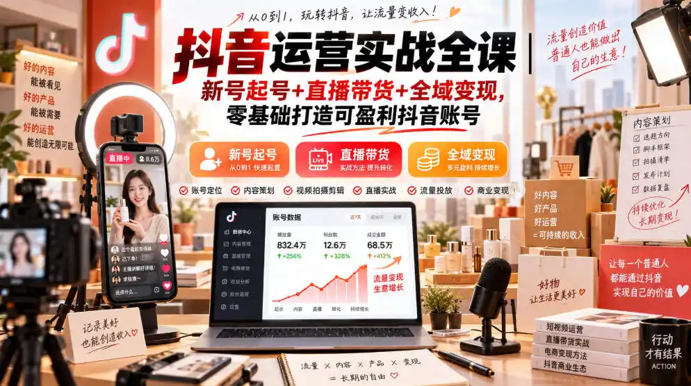 抖音运营实战全课｜新号起号+直播带货+全域变现，零基础打造可盈利抖音账号-云途创业网