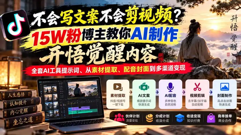 不会写文案不会剪视频？15W粉博主教你AI制作开悟觉醒内容，全套AI工具提示词、从素材提取、配音封面到多渠道变现-云途创业网