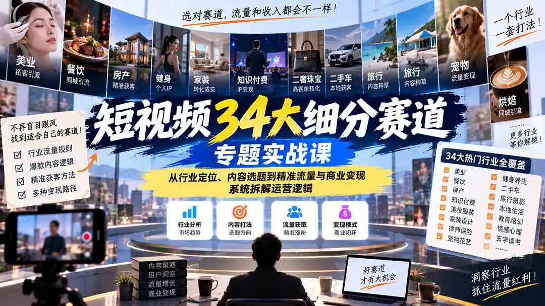 短视频34大细分赛道专题实战课：从行业定位、内容选题到精准流量与商业变现，系统拆解运营逻辑-云途创业网