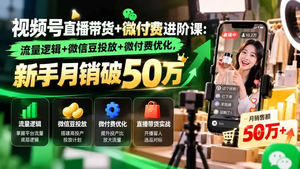 视频号直播带货+微付费进阶课-更新1010：流量逻辑+微信豆投放+微付费优化，新手月销破50万-云途创业网