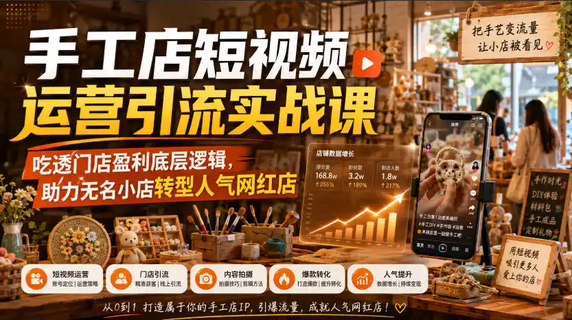 手工店短视频运营引流实战课,吃透门店盈利底层逻辑,助力无名小店转型人气网红店-云途创业网