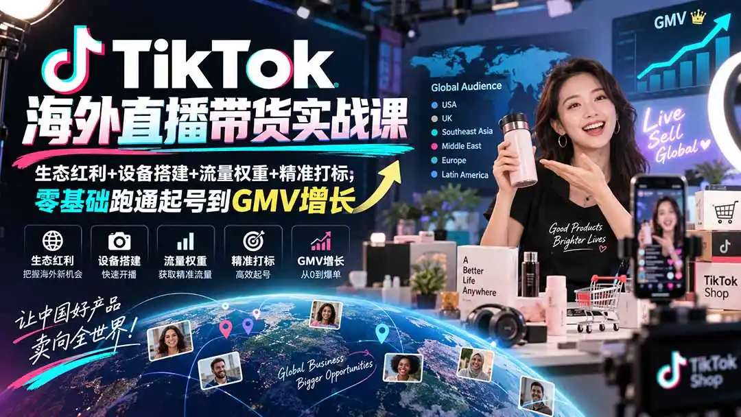 TikTok海外直播带货实战课｜生态红利+设备搭建+流量权重+精准打标，零基础跑通起号到GMV增长-云途创业网