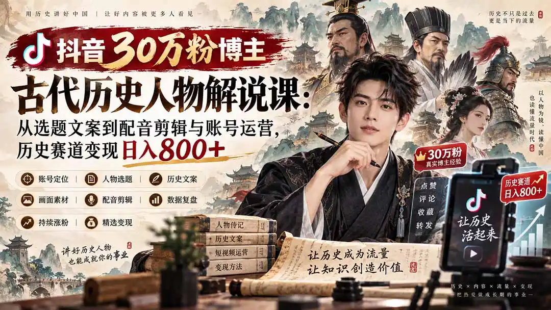 抖音30万粉博主古代历史人物解说课：从选题文案到配音剪辑与账号运营，历史赛道变现日入800+-云途创业网