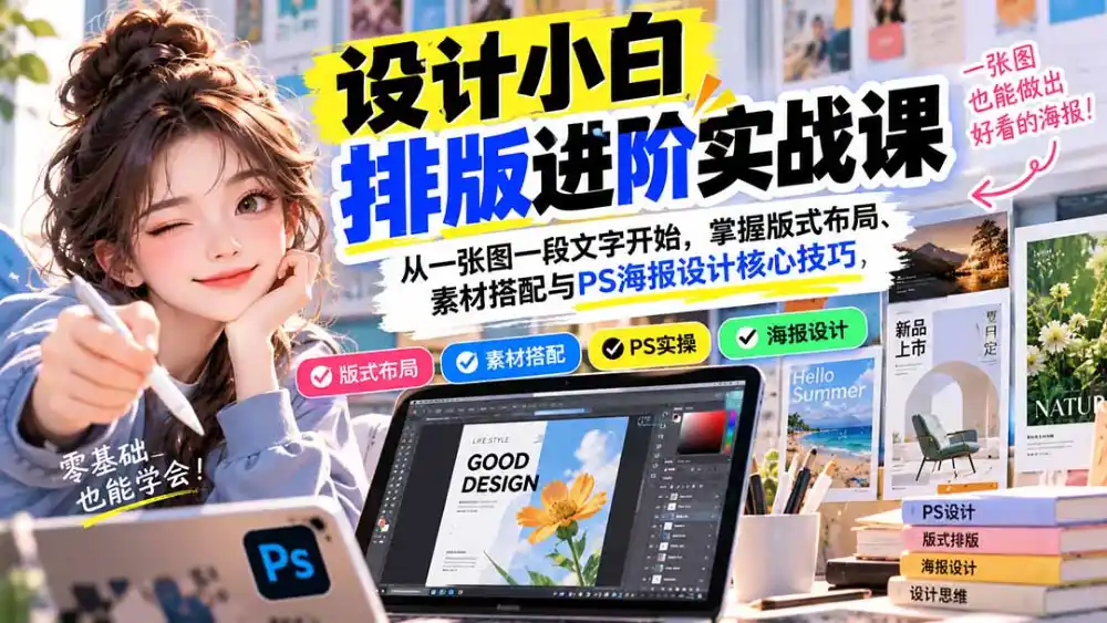 设计小白排版进阶实战课：从一张图一段文字开始，掌握版式布局、素材搭配与PS海报设计核心技巧-云途创业网