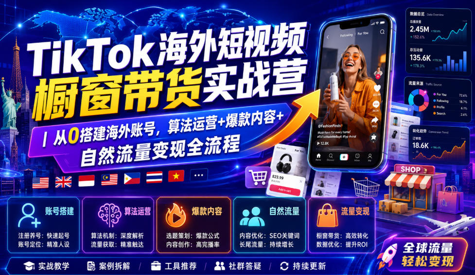 TikTok海外短视频橱窗带货实战营|从0搭建海外账号,算法运营+爆款内容+自然流量变现全流程-云途创业网