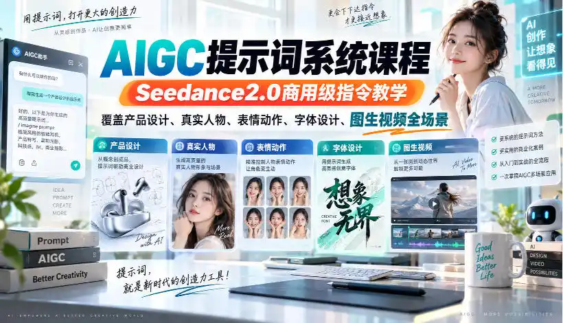 AIGC提示词系统课程，Seedance2.0商用级指令教学，覆盖产品设计、真实人物、表情动作、字体设计、图生视频全场景-云途创业网