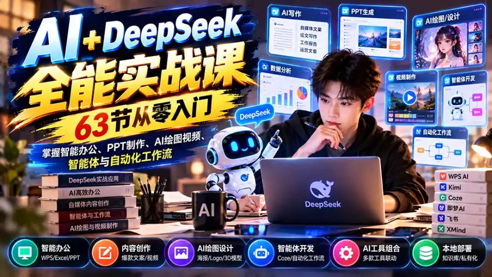 AI+DeepSeek全能实战课：63节从零入门，掌握智能办公、PPT制作、AI绘图视频、智能体与自动化工作流-云途创业网