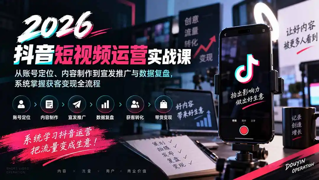 2026抖音短视频运营实战课:从账号定位、内容制作到宣发推广与数据复盘,系统掌握获客变现全流程 2026抖音短视频运营实战课:从账号定位、内容制作到宣发推广与数据复盘,系统掌握获客变现全流程