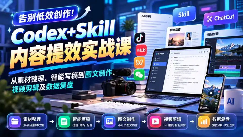 【无水印】告别低效创作！Codex+Skill内容提效实战课：从素材整理、智能写稿到图文制作、视频剪辑及数据复盘-云途创业网